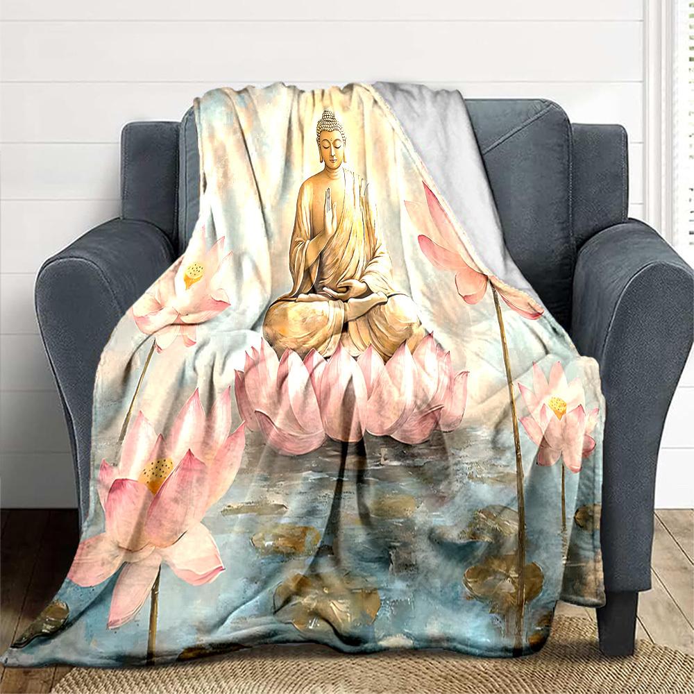 1pc Buddha Lotus Blanket, Lightweight Flannel Throw Blanket For Sofa, Bed, Travel, Camping, Living Room, Office, Couch, Chair, And Bed