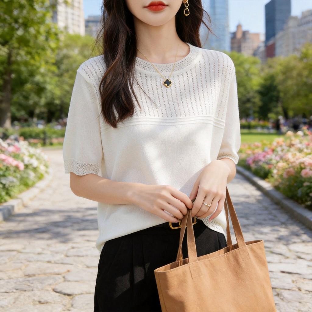 Ice Silk Short Sleeve T Shirt With Knitted Hollow Design For Summer Casual Women