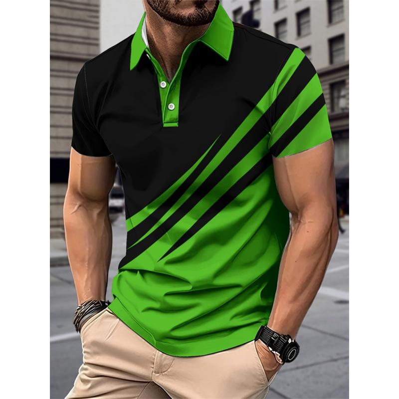 3D printed striped men s polo shirt with geometric pattern short sleeved T-shirt XS