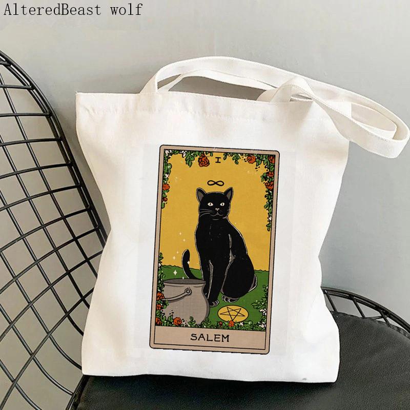 Kadın Alışveriş çantası Balık kedi Tarot Baskılı Kawaii Çanta Harajuku Alışveriş Kanvas Alışveriş Çantası kız çanta Tote Omuz Bayan Çantası