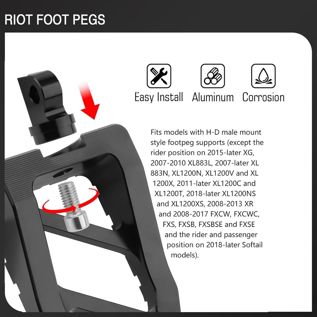Motorcycle Foot Pegs Riot-Style Footrest Male Mount Pedals for Harley Dyna Low Rider Street Bob Sportster 883 Touring Road King Street Glide (Black)