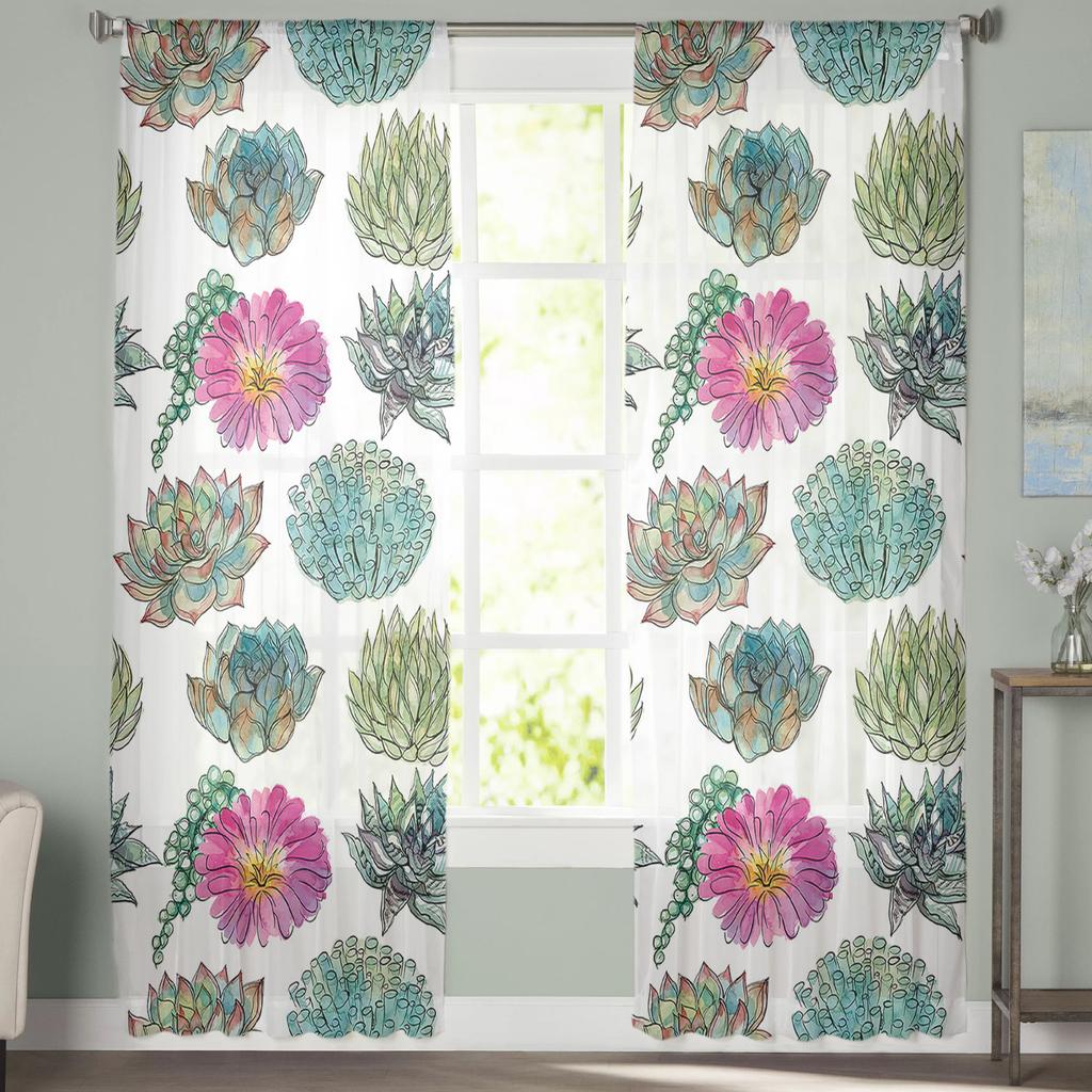 Plant Watercolor Succulent Window Treatment Tulle Modern Sheer Curtains for Kitchen Living Room the Bedroom Curtains Decoration