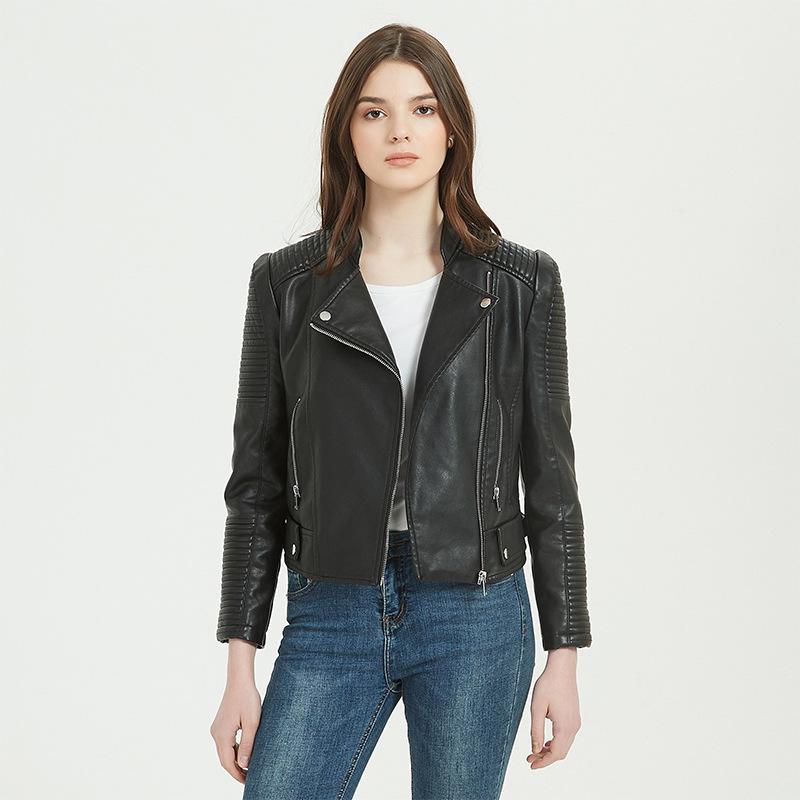 Damen PU-Leder Slim Stehkragenjacke - Europäischer/Amerikanischer Motorradstil, Erhältlich in verschiedenen Größen, Trendig und Pendlertauglich.
