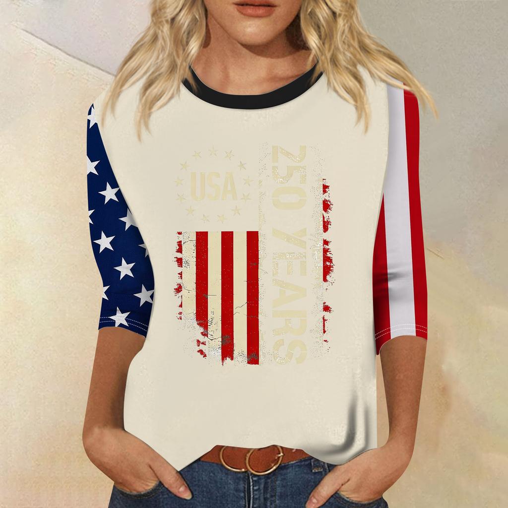 Women's Fashion Casual Seven-Sleeve Independence Day Print Round Neck Top
