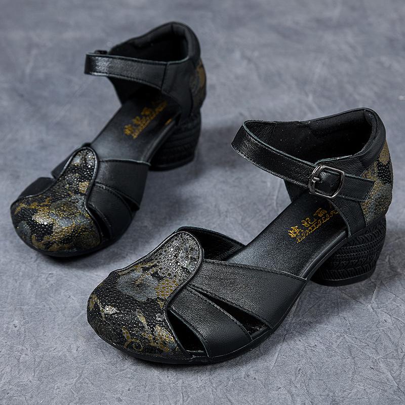 Fashion GKTINOO 2025 Ethnic Style Comfortable High Heels Women Summer Sandals Printed Genuine Leather Mom Women's Shoes Non-slip