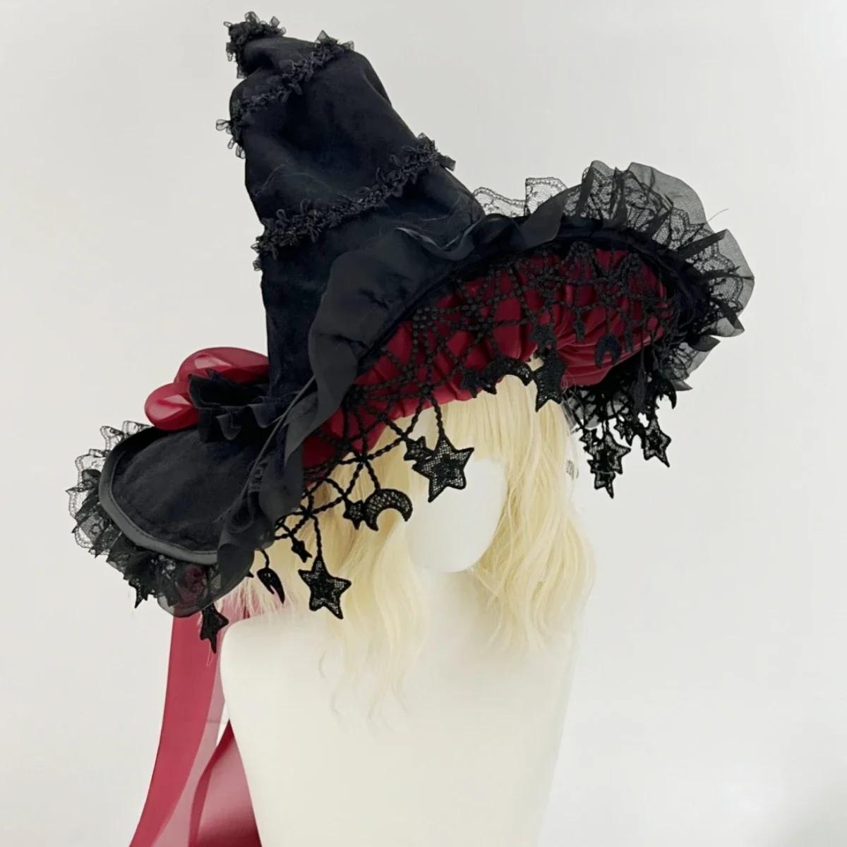 

Children Adults Halloween Witch Hat Women’s Girls Gothic Handmade Bowknot Fleece Lace Lolita princess Ladies Wizard Hat червоний