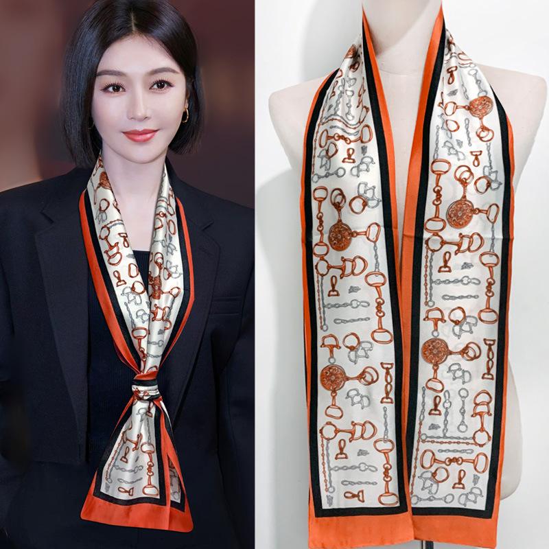 Long small silk scarf spring and summer new with shirt streamer multi-functional belt hair tie high-end printed scarf