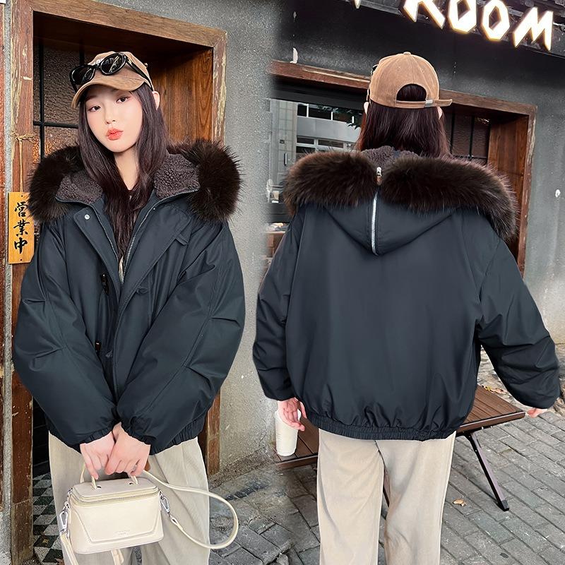 Retro fur collar hooded cotton jacket women's clothing winter new horn buckle thickened warm cotton coat