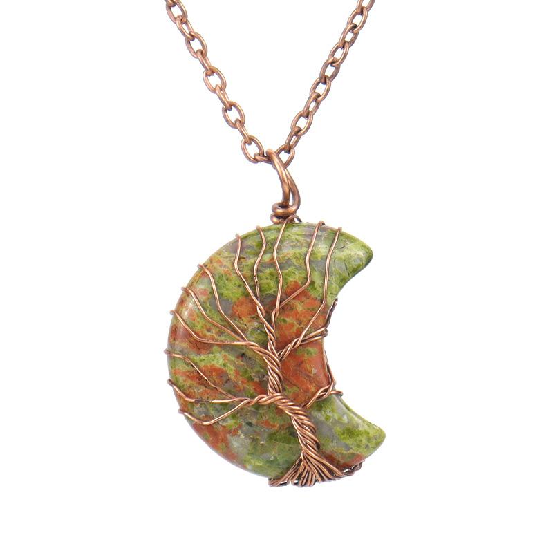 Handmade Winding Exquisite Little Moon Natural Stone Crystal Tree Of Life Pendant Necklace N570