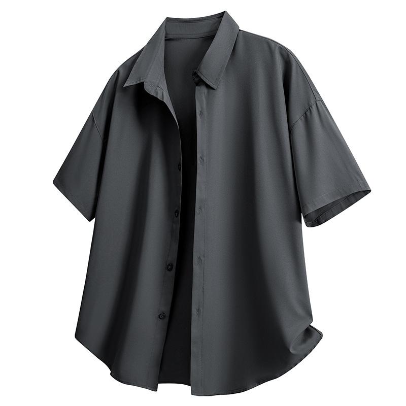 

Летняя мужская рубашка свободного кроя в корейском стиле, литературная, молодежная, повседневная, многоцветная, с отложным воротником, с коротким рукавом, однотонная XXXL темно-серого
