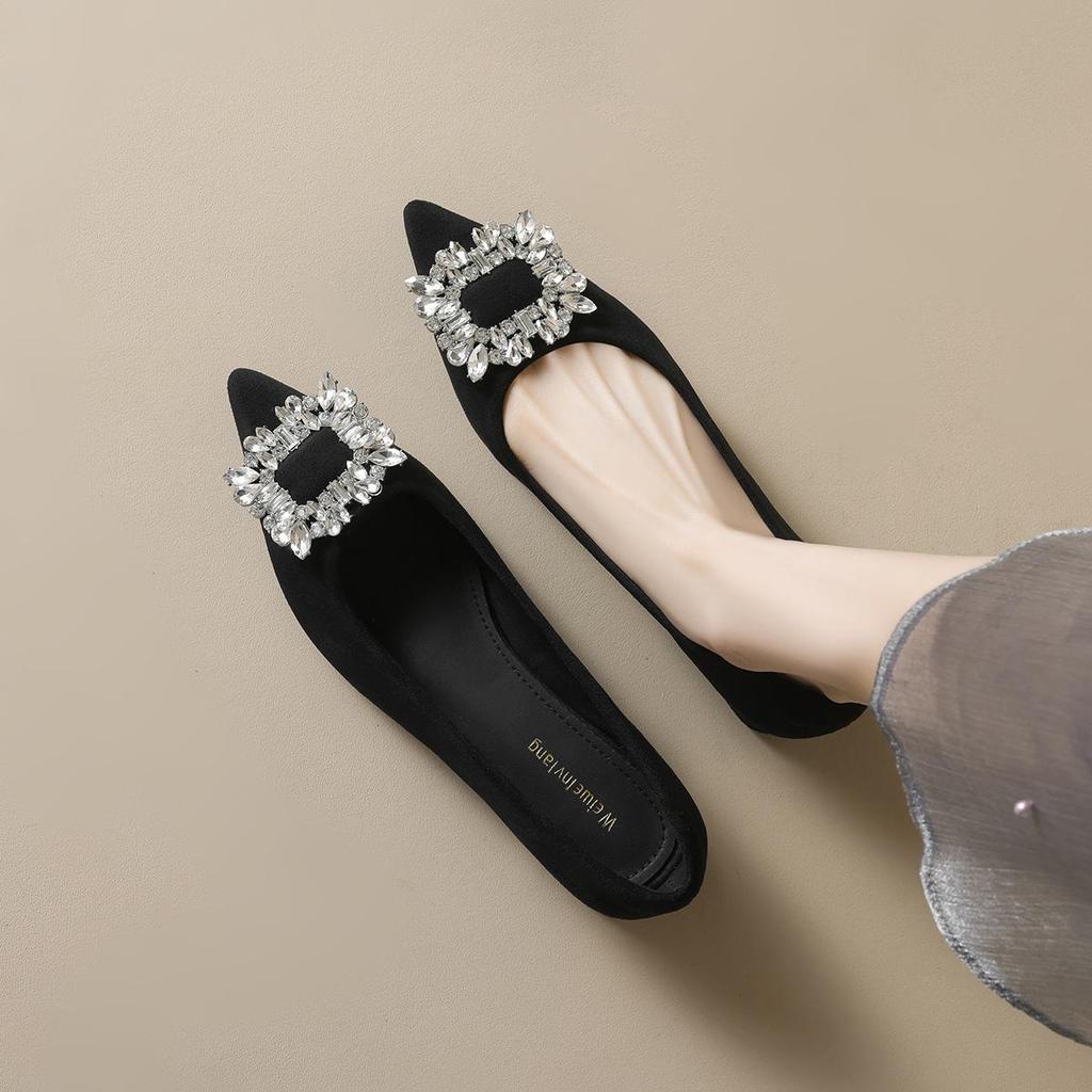 Weiwei Black Rhinestone Chunky Heel Pointed Toe Slip-On Flats for Women