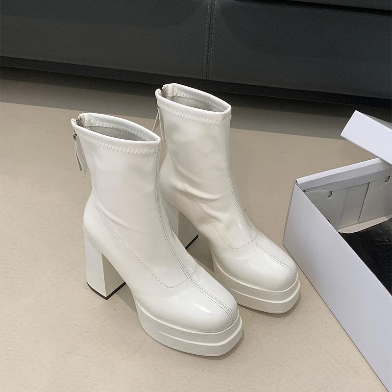 Schwarze Retro-Kurzstiefel mit hohem Absatz und dicker Sohle im britischen Stil, Damenschuhe, kniehoch und schmal