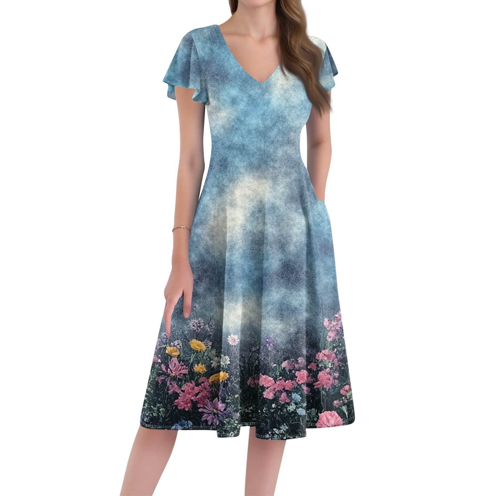 

Повседневное и модное платье средней длины с V-образным вырезом, короткими рукавами и цветочным принтом для женщин S