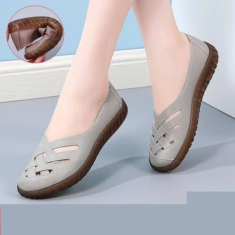 

Кожаные нескользящие туфли из говяжьих сухожилий с мягкой подошвой и отверстиями, летняя верхняя одежда, обувь для мам, полые, дышащие, универсальные сандалии с одной педалью 37