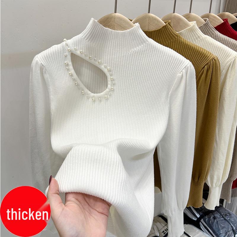 Women's High Neck Beaded Hollow-Out Knitted Sweater - Long-Sleeve Autumn/Winter Design