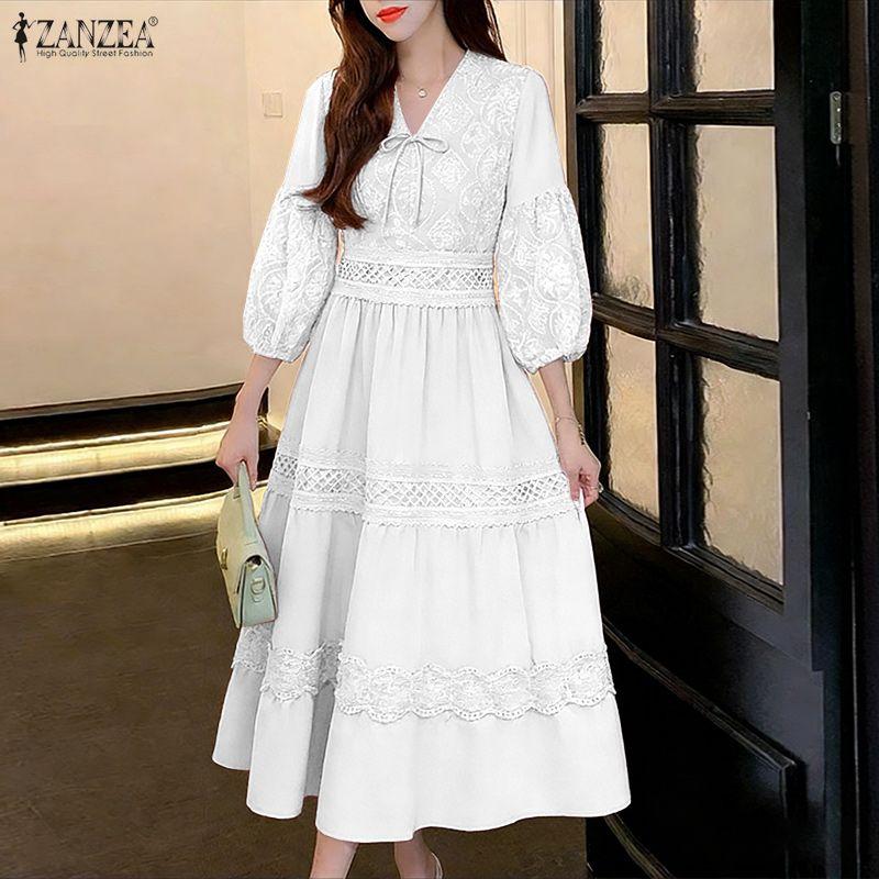 ZANZEA Women Casual V-Neck 3/4 Sleeve Loose Patchwork Embroidery Long Dress