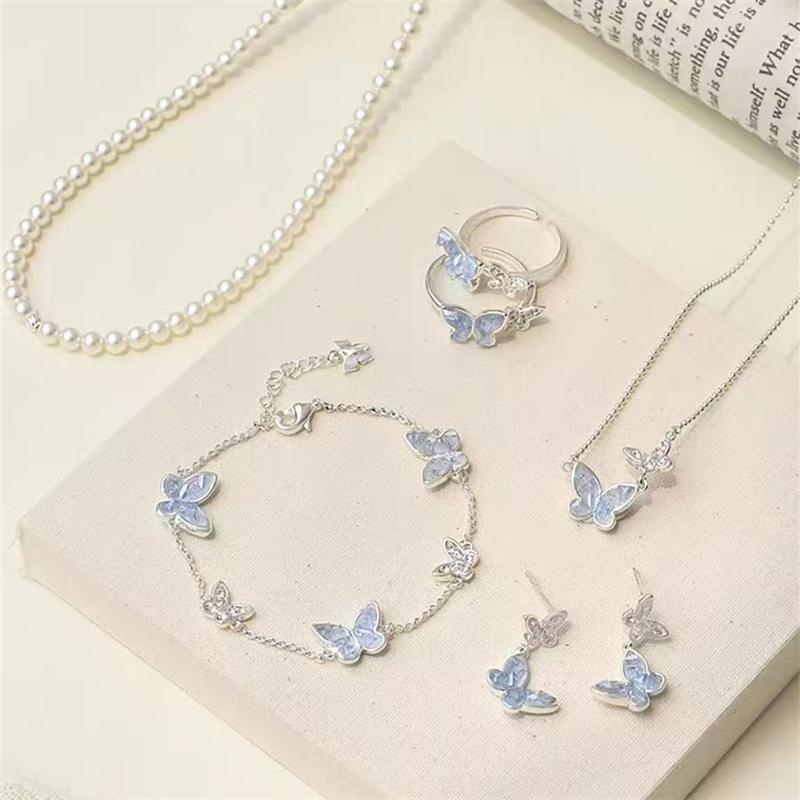 Trendy Blue Color Crystal Butterfly Jewelry Set Adjustable Bracelet Earrings Necklace Ring for Women Handmade Jewelry Gift
