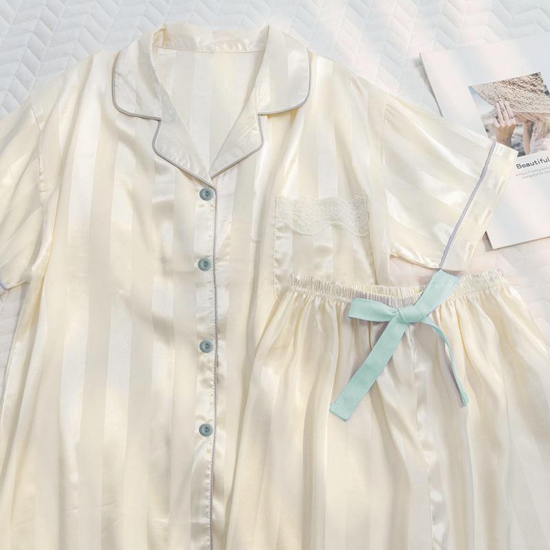 Lazy Wind Sweet Striped Short-Sleeved Shorts Ice Silk Pajamas Women'S Summer Can Wear Loungewear Women'S Suit