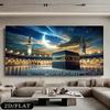 Kaaba At Mecca with Crescent Moon & Starry Sky Canvas Painting Wall Art, Frameless  Islamic Wall Art for Living Room Decor