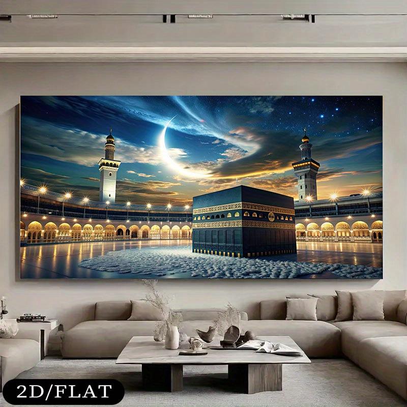Kaaba At Mecca with Crescent Moon & Starry Sky Canvas Painting Wall Art, Frameless Islamic Wall Art for Living Room Decor