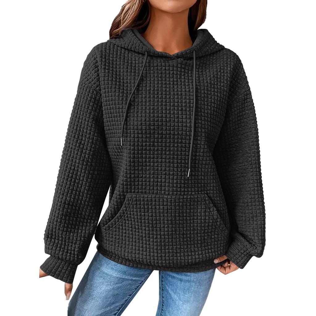 Women's Fashion Loose Hooded Pullover Long Sleeve Patchwork Plaid Sweat Drawstring Shoulder Strap Pocket Top
