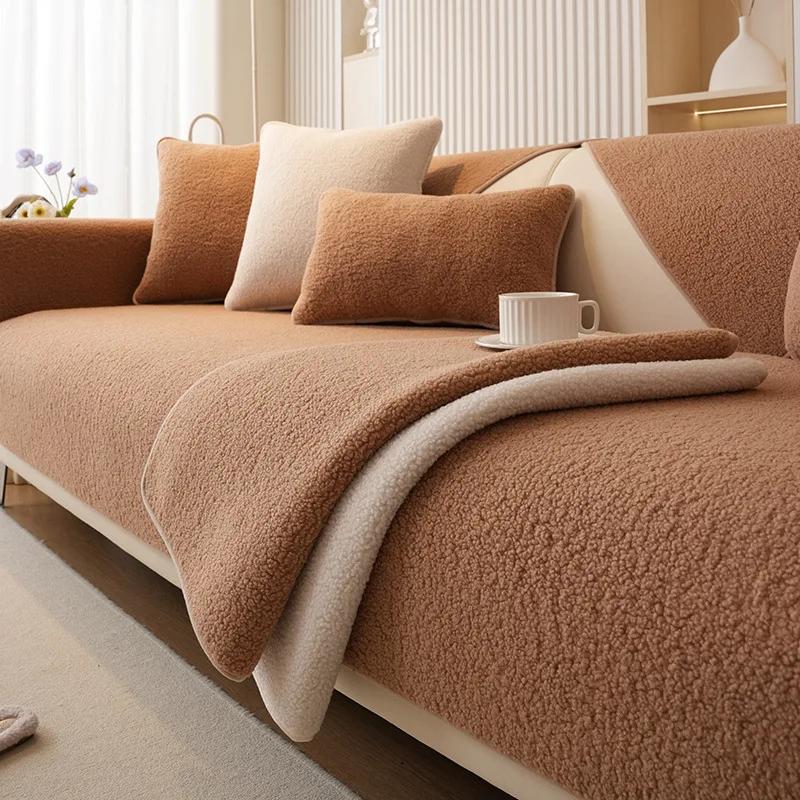 Modern Solid Color Winter Lamb Velvet Sofa Cover Thicken Plush Soft and Smooth Sofa Covers for Living Room Anti-slip Couch Cover