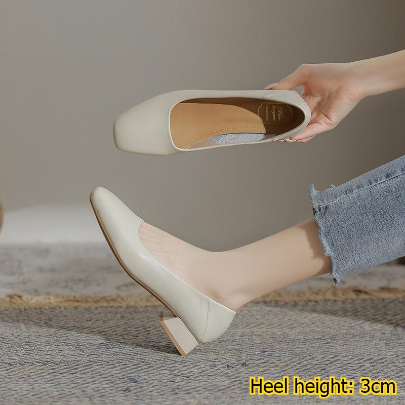 Women's Genuine Leather French-style Flats, Low-cut, Square-toe, Chunky Heel, Black, Versatile Work Shoes/commuter Shoes