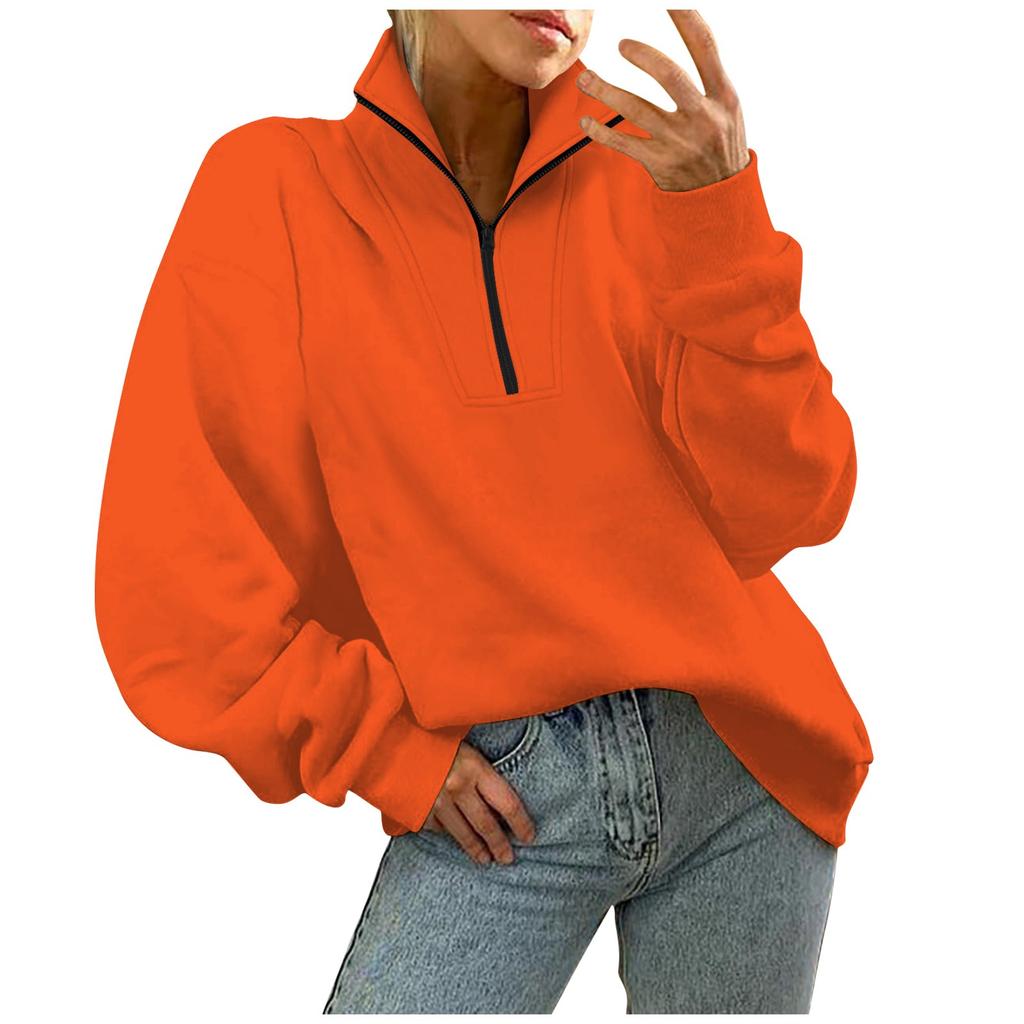 Sweat-shirt décontracté pour femme à la mode, couleur unie, col en V, zippé, ample, manches longues, poche latérale