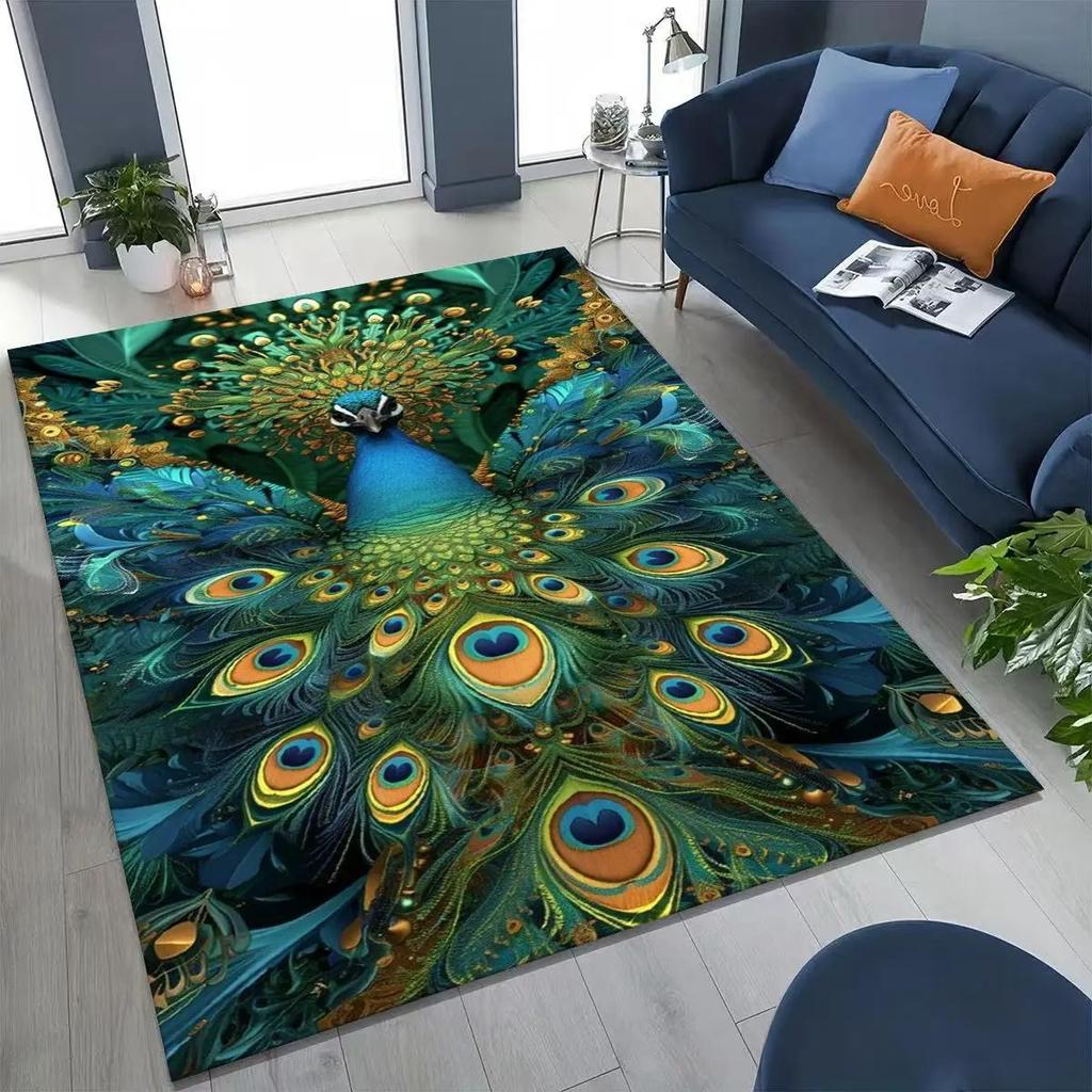 3D Bunter Pfau Romantische Vögel Teppich für Schlafzimmer Wohnzimmer Sofa Heim Fußmatte Dekor, Größere Kinder Spiel Anti-Rutsch Bodenmatte