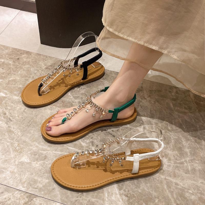 Mezzanin-Sandalen Damen neue flache Strandschuhe Strass elastisch ein Pedal große Größe