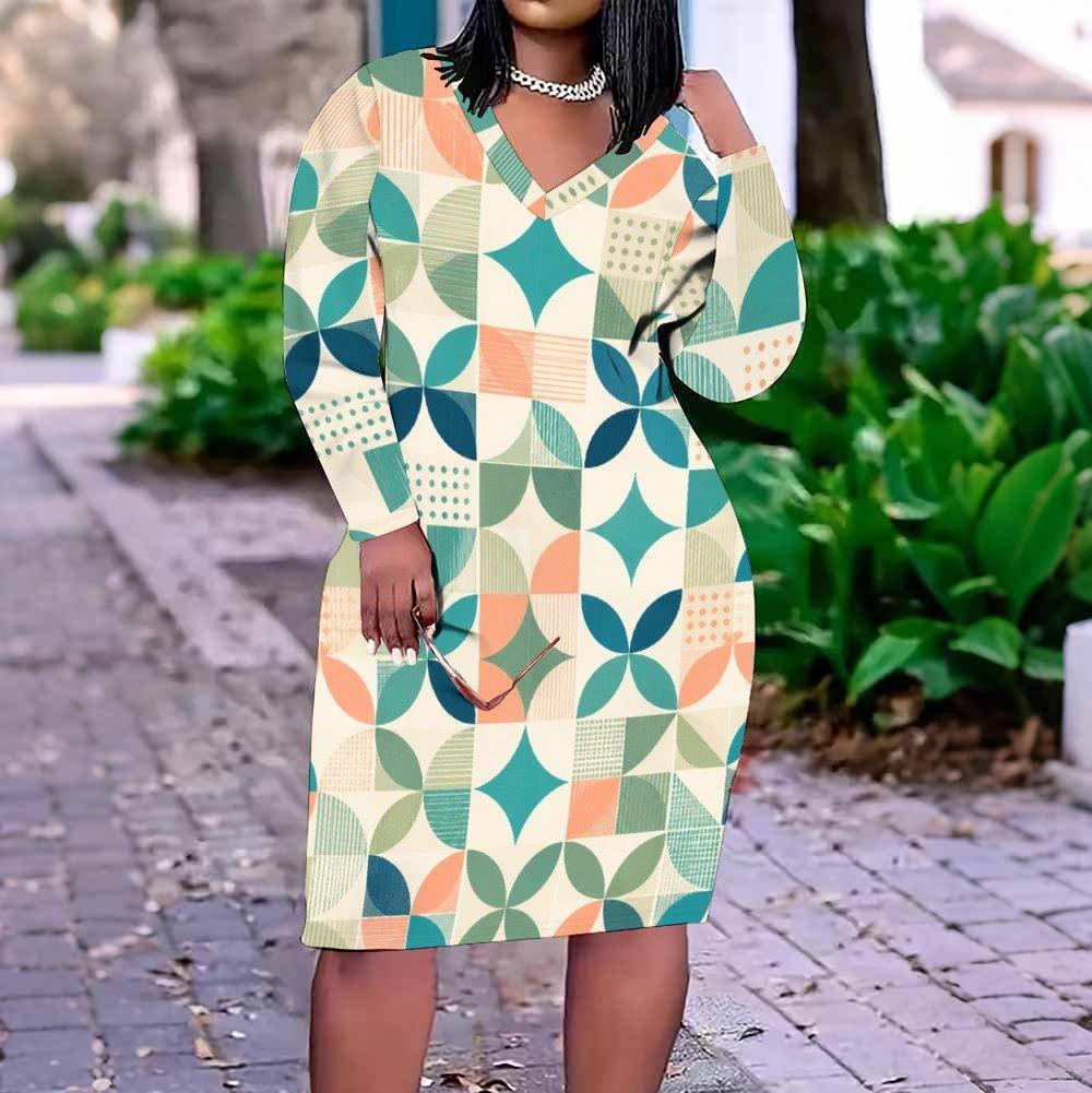 Women Plus Size V Neck Long Sleeve Fitted Printed Straight Midi Dress