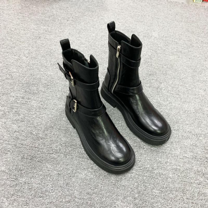 ! Shoes Washed Shrinkage Horse Leather Buckle Side Zipper Coarse Heel Martin Short Boots Women's Autumn