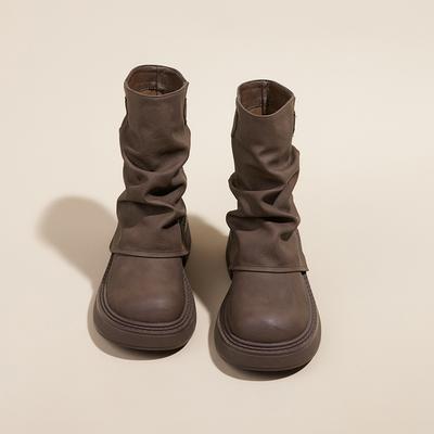 Thick-soled Martin Boots Women's 2025 Autumn and Winter New Retro Short Tube Pleated Stacked Pants Tube Boots Western Knight Short Boots