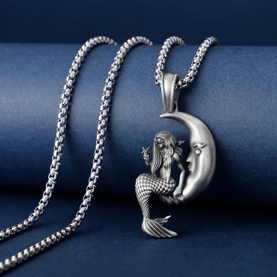 European and American Fashion Titanium Steel Necklace Mermaid Moon Star Pendant Ins Wind Fairy Tale Jewelry Men's and Women's Accessories