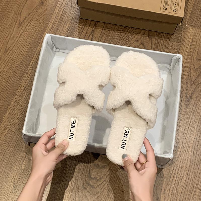 Internet-Berühmtheit flauschige Hausschuhe Damen tragen 2025 Frühling und Herbst neu flauschige Baumwoll-Schlepp flache Sohle warme Hausschuhe