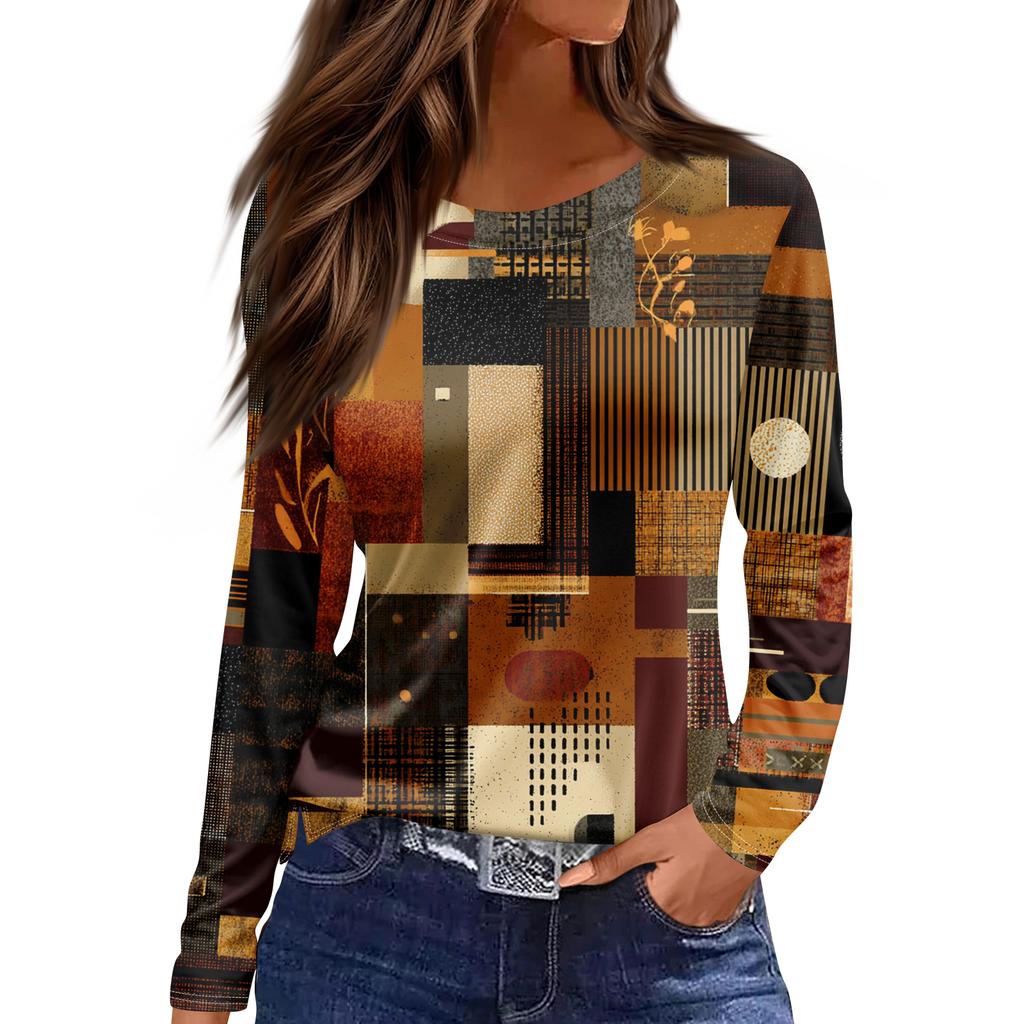 Women's Fashion Hem Slit Casual Retro Floral Print Round Neck Long Sleeve Top