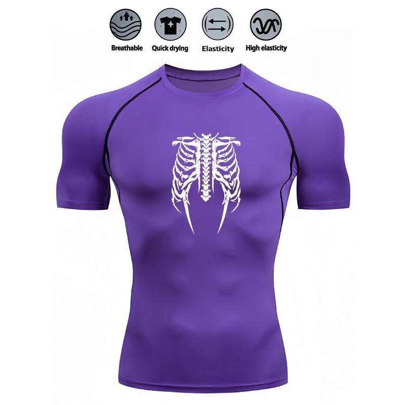 Men's Compression Shirt Quick Dry Gray Gym T-Shirt White Skeleton Rib Cage Print Workout Sportswear