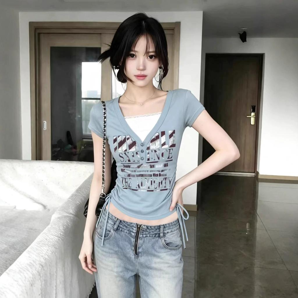 American V-neck Lace Short-sleeved T-shirt Women's Summer New Slim and Thin Drawstring Design Top Trendy