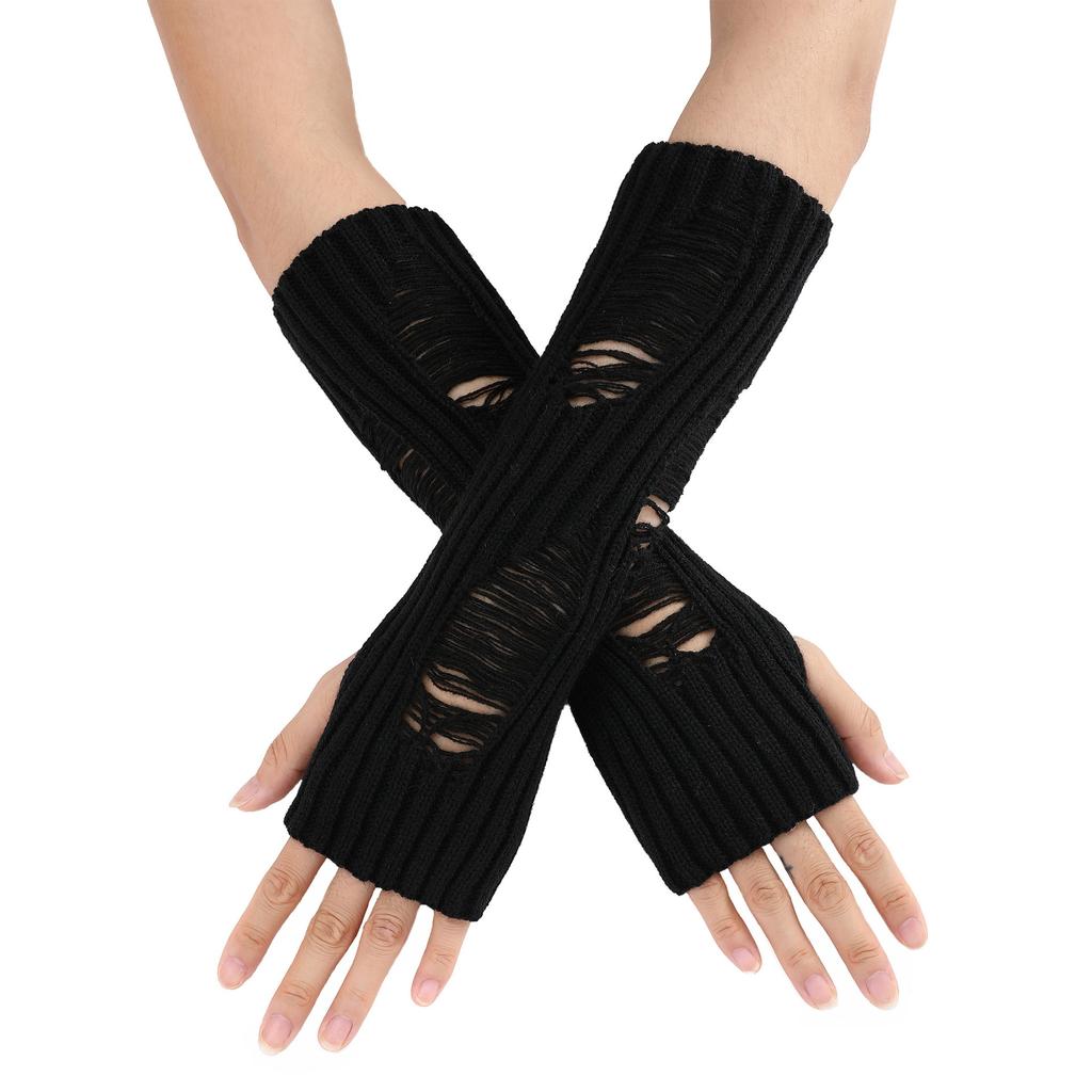 Perforated and Hollowed Out Woolen Gloves for Autumn and Winter Mid Length Fingerless  Warm and Fashionable Knitted Arm Covers for Women
