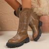 Braune Stickerei Plateau Mid-Calf Stiefel für Damen Vintage Slipper Dicke Sohle Westernstiefel Frau Herbst Winter PU-Leder Botas