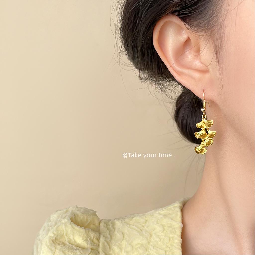 Literary Ginkgo Biloba New Chinese Style Guochao Designer Leaf Earrings Matte Earrings