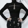 Gothic Dark Cross Hollow Long Sleeve Top Harajuku Y2K Vintage Punk Sexy Perspective Fashion Style Slim Women Top