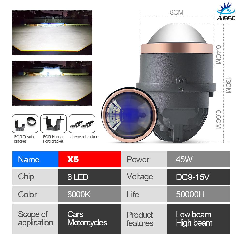 Car LED Fog Light, Bifocal Lens 3 Inches, Three-color LED Light 30-85W Double Direct Laser Fog Light Waterproof