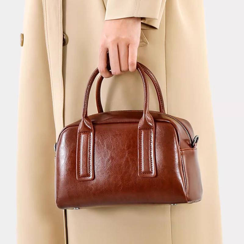 NEW Women's Chic Genuine Leather Bowling Bag Luxury Designer Handbag Soft Waxed Cowhide Ladies Crossbody shoulder Bag