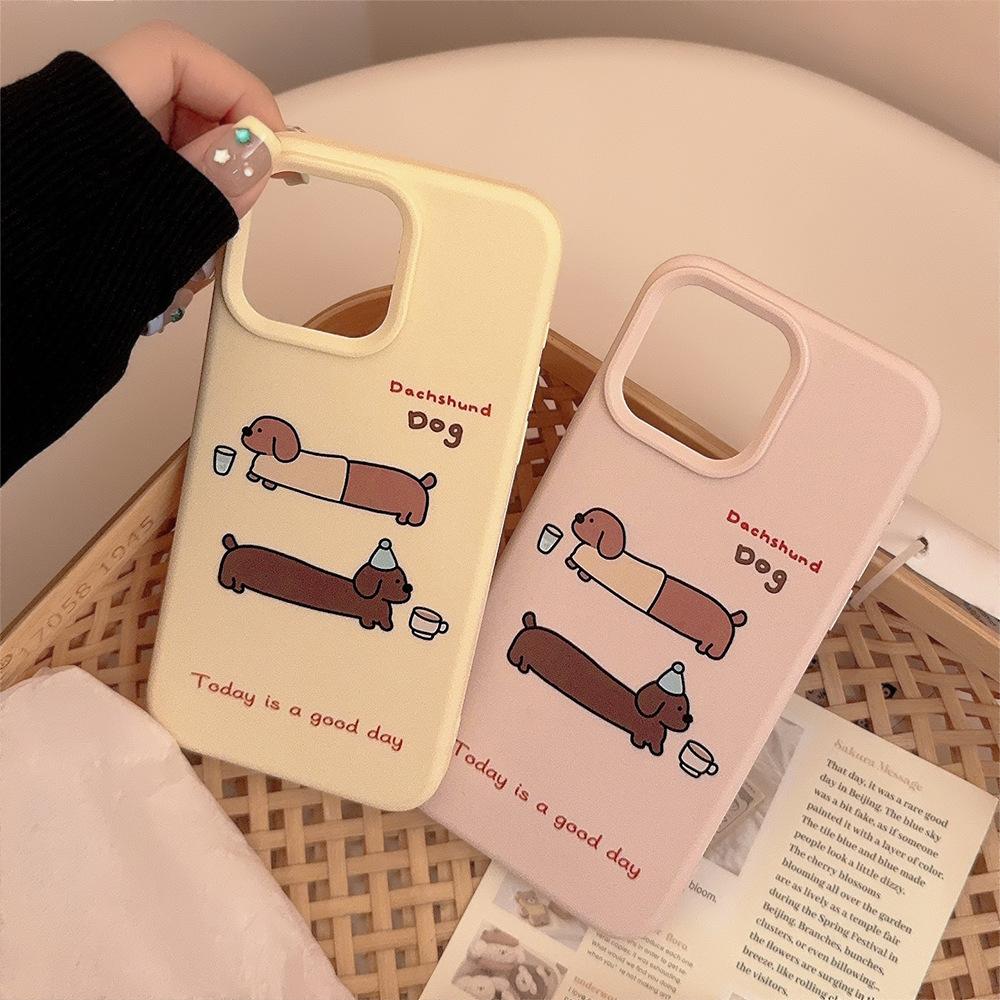 Růžový kreslený pouzdro na telefon s jezevčíkem