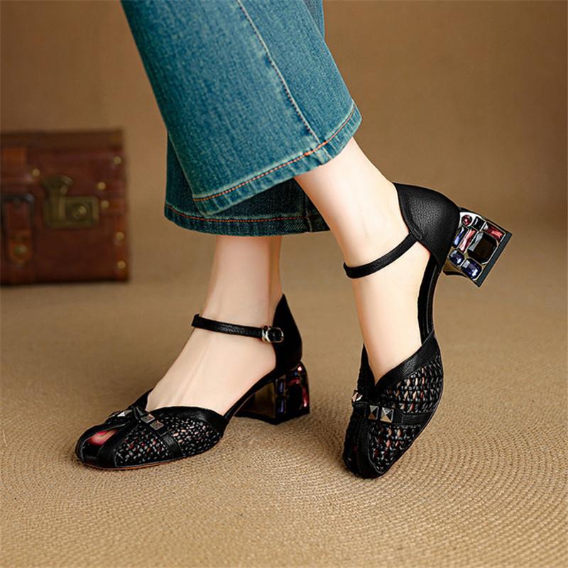 Fashion New Summer Sandals Split Leather Round Toe Sandals for Women Fashion Rivet Fish Mouth Sandals Ladies Shoes Women High Heels