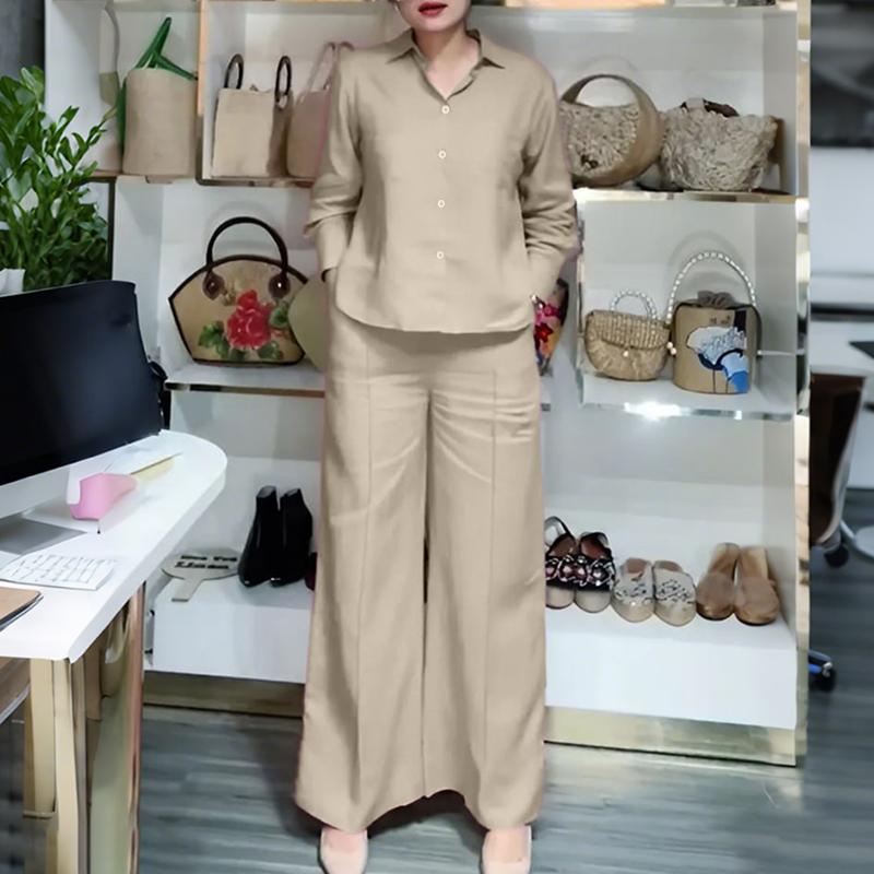 

ZANZEA Женская блузка с длинным рукавом на пуговицах и брюки, повседневные костюмы-двойки 5XL абрикосовый