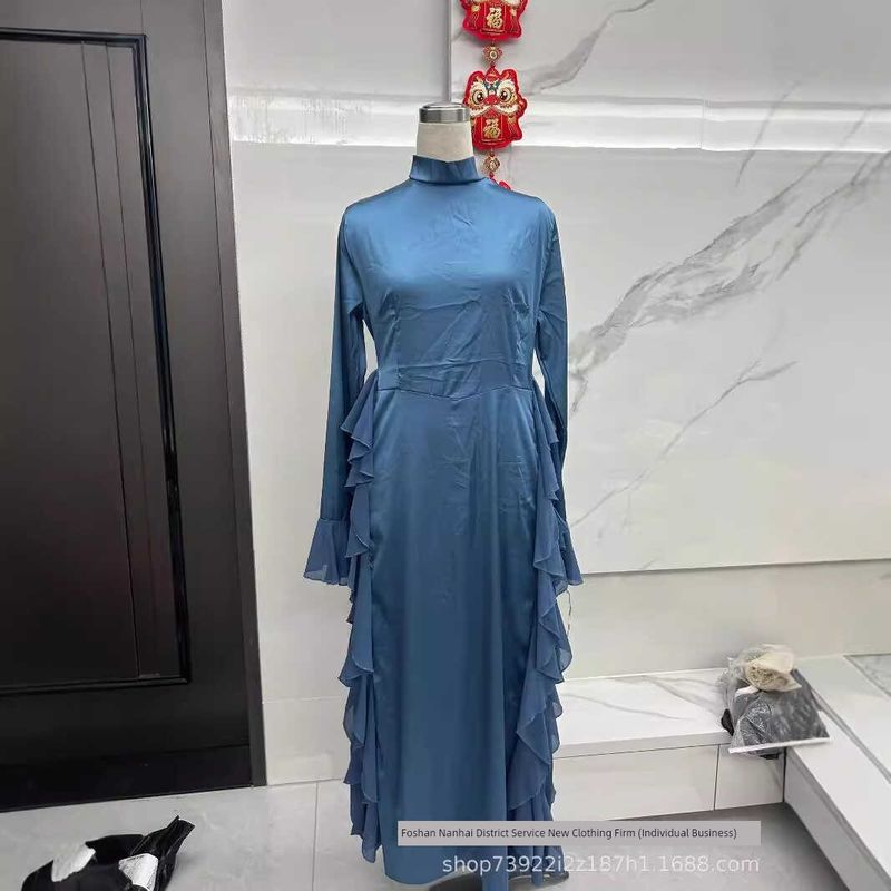 And American Foreign Trade Women's Clothing Cross-Border Amazon Autumn Crew Neck Bell Sleeve Temperament High Waist Slimming Patchwork Dress Women