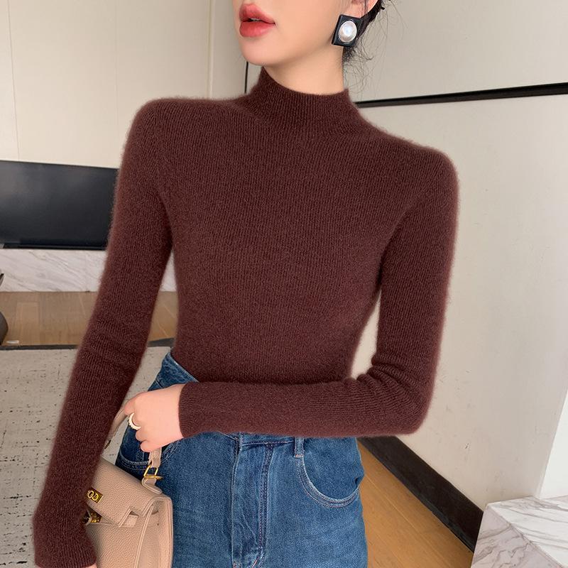 Women's Seamless Cashmere Knit Slimming Sweater - Long Sleeve, Half-High Neck, Tight-Fit, Autumn/Winter Base Layer