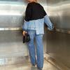 Women's Black Top with Denim Sleeve Patchwork Design